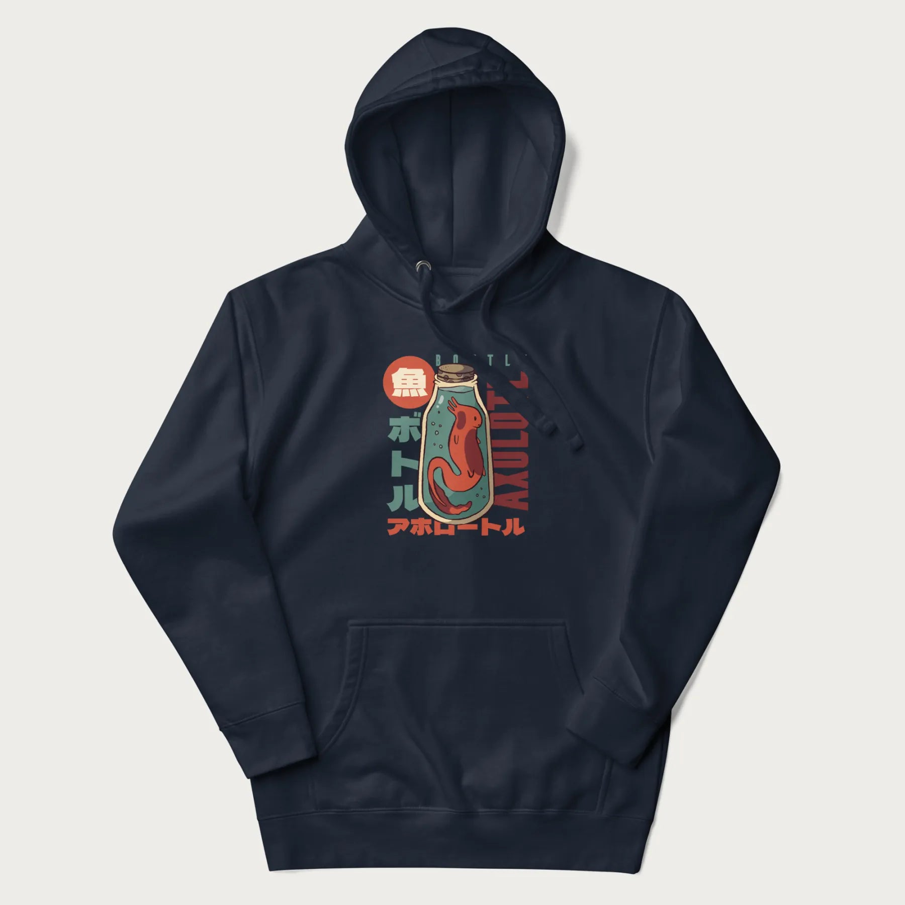 Navy blue hoodie with Japanese graphic of a red axolotl in a bottle with Japanese text 'ボトル' (Bottle) and 'アホロートル' (Axolotl).