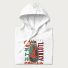Folded white hoodie with Japanese graphic of a red axolotl in a bottle with Japanese text 'ボトル' (Bottle) and 'アホロートル' (Axolotl).