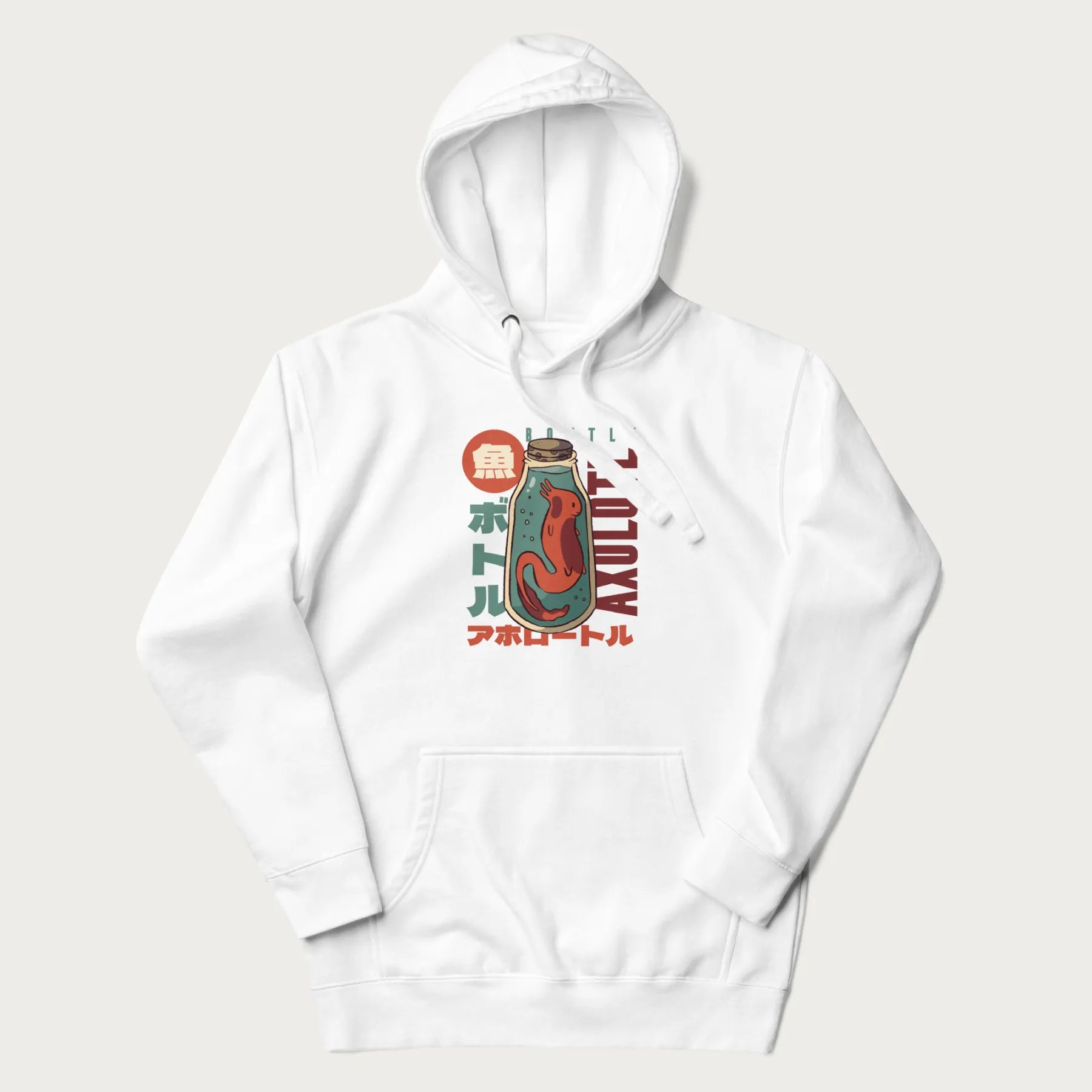 White hoodie with Japanese graphic of a red axolotl in a bottle with Japanese text 'ボトル' (Bottle) and 'アホロートル' (Axolotl).