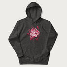 Dark grey hoodie with a Japanese kitsune mask and sakura design on the front.