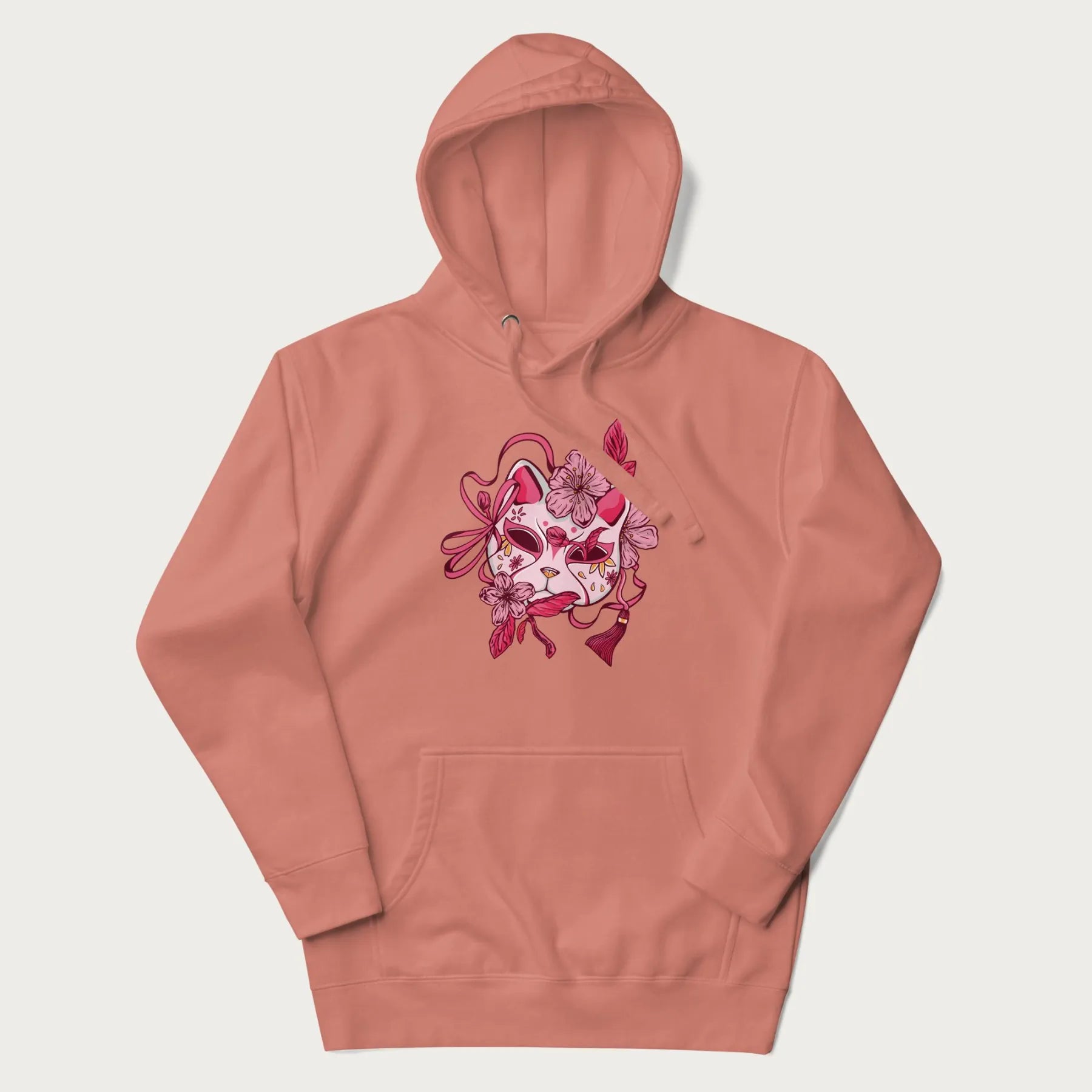 Light pink hoodie with a Japanese kitsune mask and sakura design on the front.