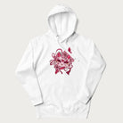 White hoodie with a Japanese kitsune mask and sakura design on the front.