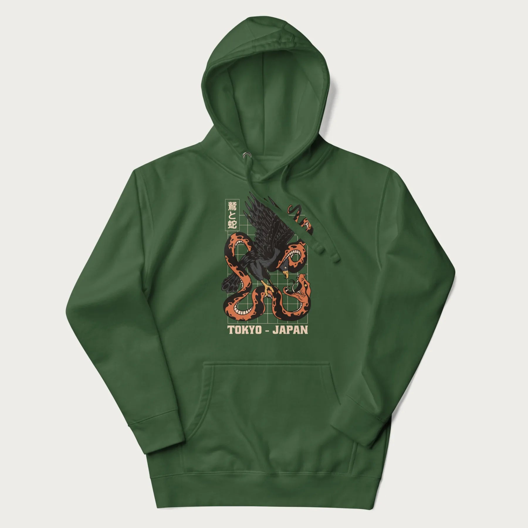 Forest green hoodie with Japanese text and a graphic of an eagle battling a snake, with the text 'Tokyo Japan' underneath.