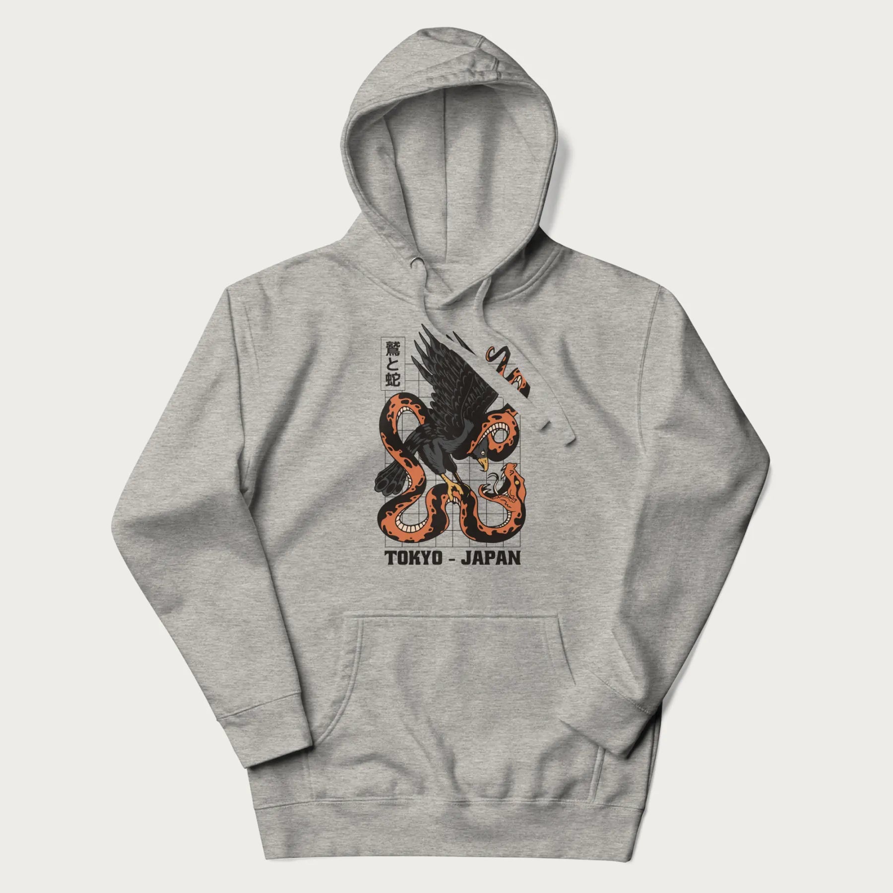 Light grey hoodie with Japanese text and a graphic of an eagle battling a snake, with the text 'Tokyo Japan' underneath.