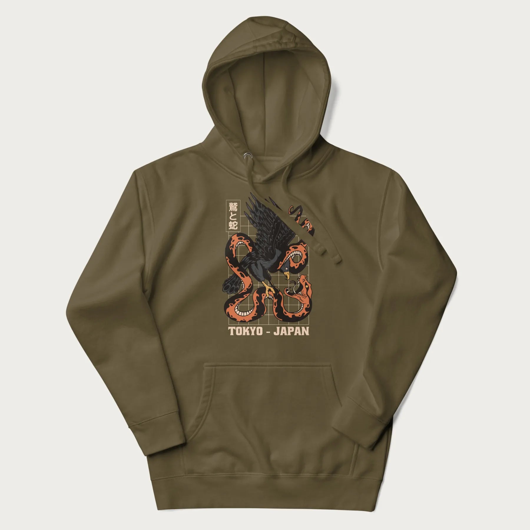 Military green hoodie with Japanese text and a graphic of an eagle battling a snake, with the text 'Tokyo Japan' underneath.