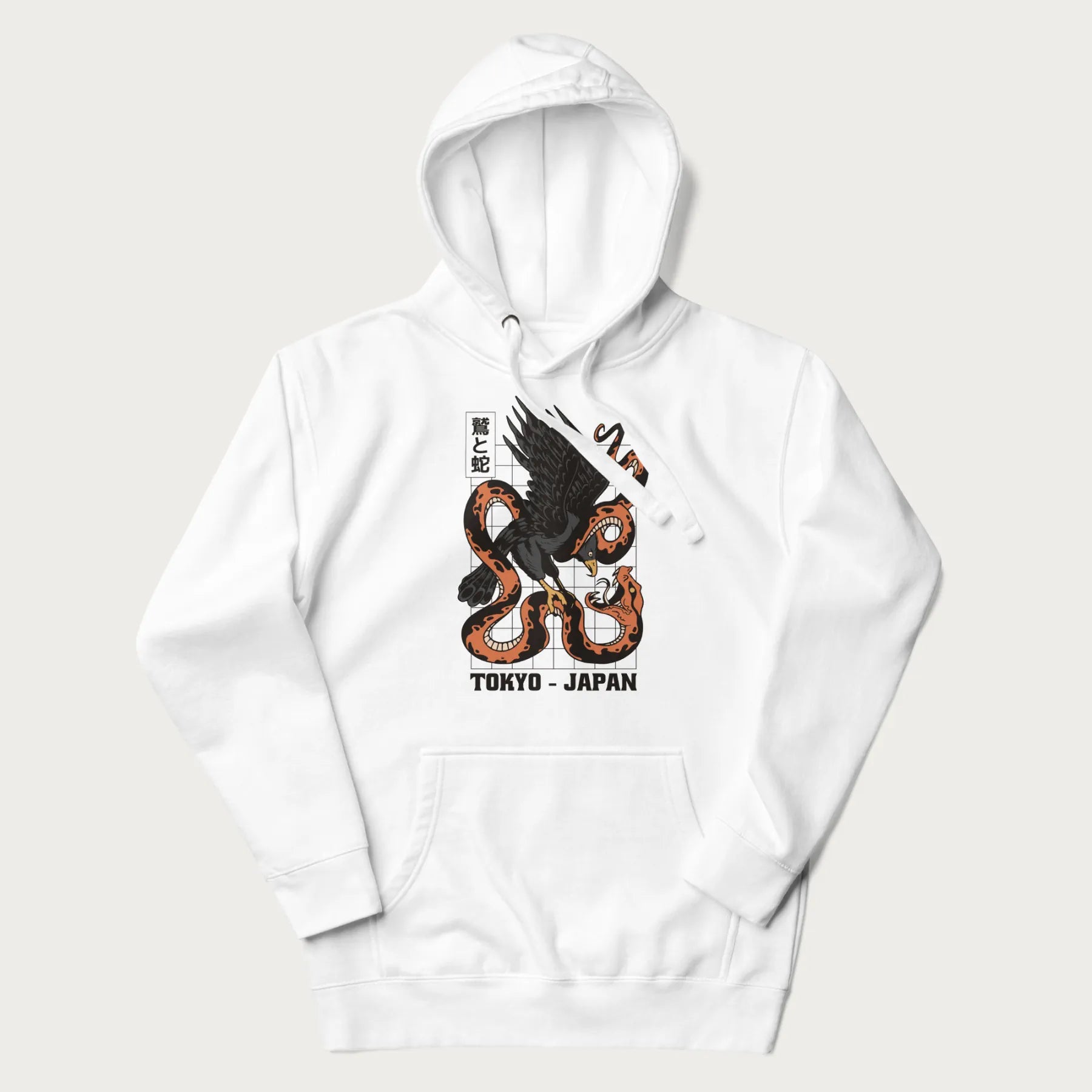 White hoodie with Japanese text and a graphic of an eagle battling a snake, with the text 'Tokyo Japan' underneath.