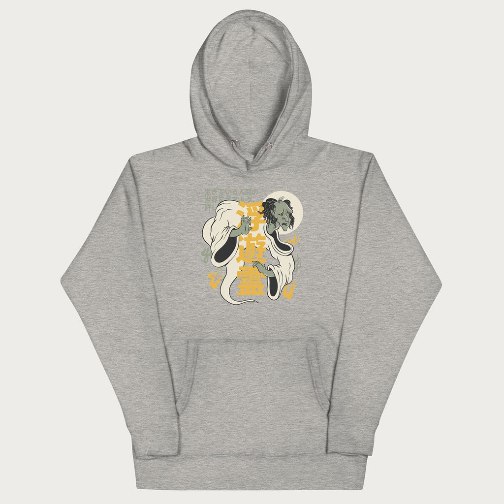 Front of Japanese Hoodie in a carbon grey colorway with a graphic of a Yurei and kanji characters.