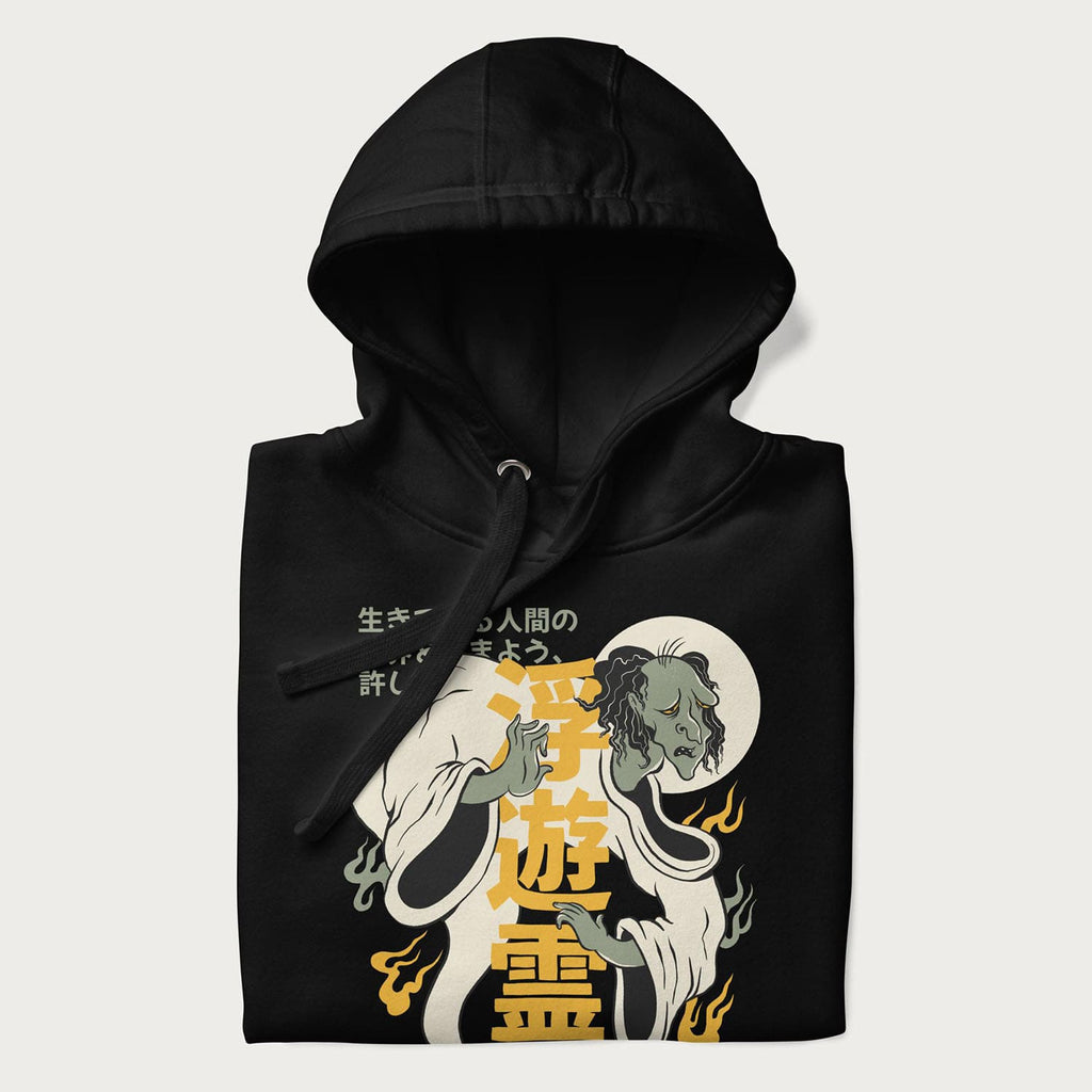 Nearly folded Japanese Hoodie in a classic black colorway with a graphic of a Yurei and kanji characters.