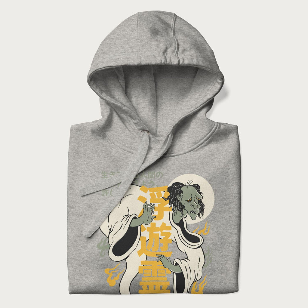 Nearly folded Japanese Hoodie in a carbon grey colorway with a graphic of a Yurei and kanji characters.