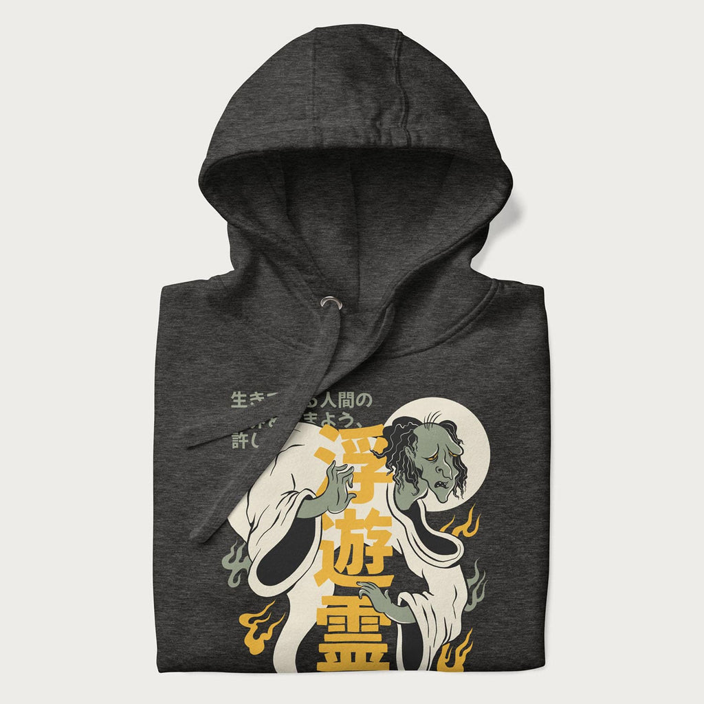 Nearly folded Japanese Hoodie in a charcoal heather colorway with a graphic of a Yurei and kanji characters.
