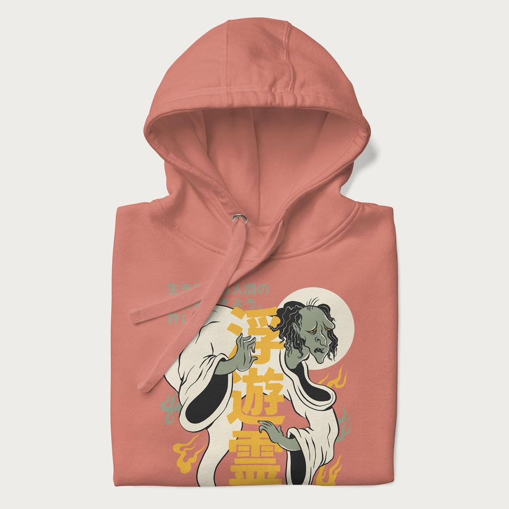 Nearly folded Japanese Hoodie in a dusty rose colorway with a graphic of a Yurei and kanji characters.