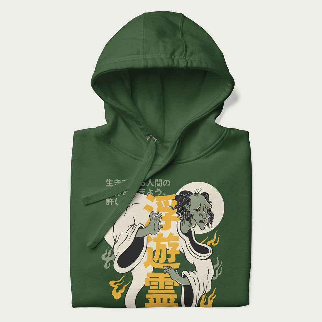 Nearly folded Japanese Hoodie in a forest green colorway with a graphic of a Yurei and kanji characters.