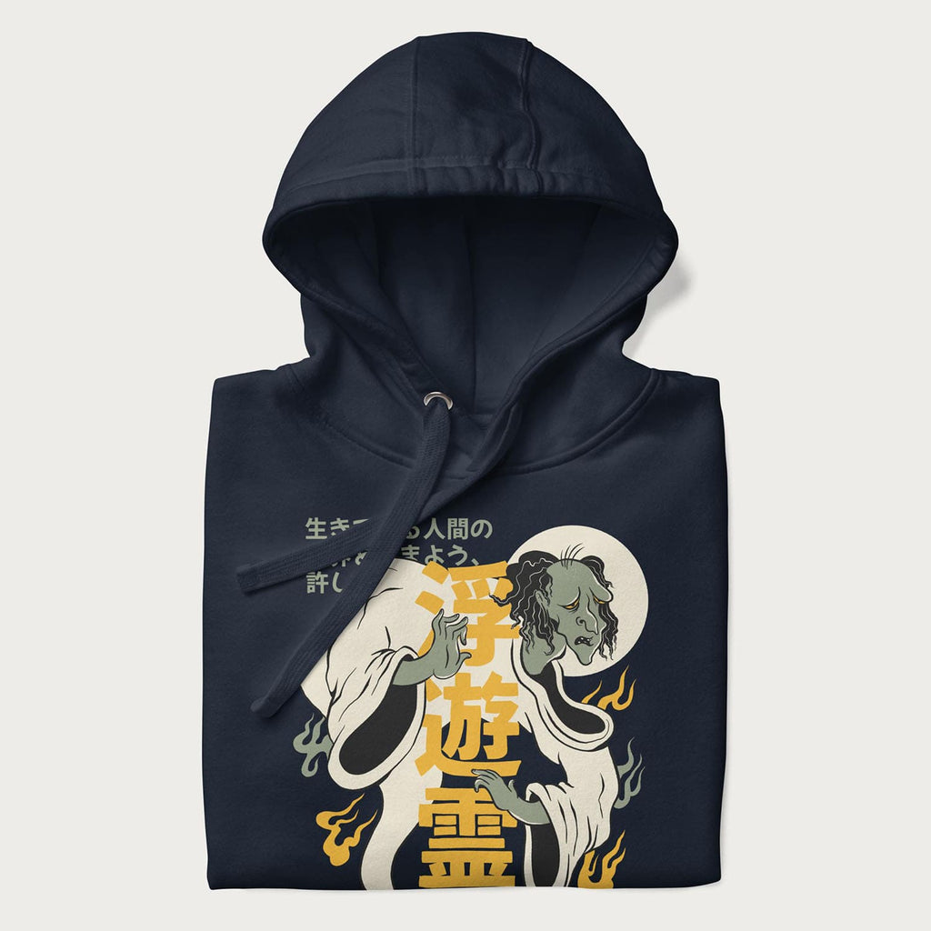 Nearly folded Japanese Hoodie in a navy blazer colorway with a graphic of a Yurei and kanji characters.