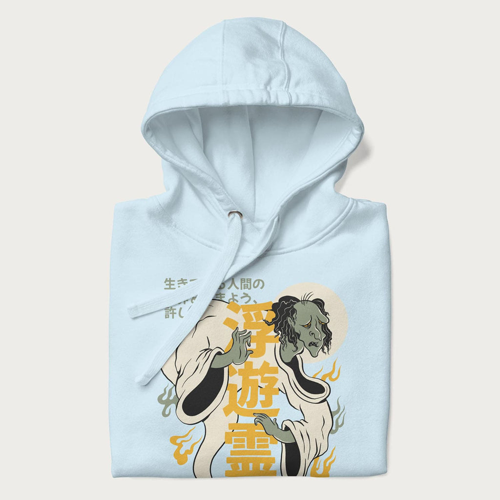 Nearly folded Japanese Hoodie in a sky blue colorway with a graphic of a Yurei and kanji characters.