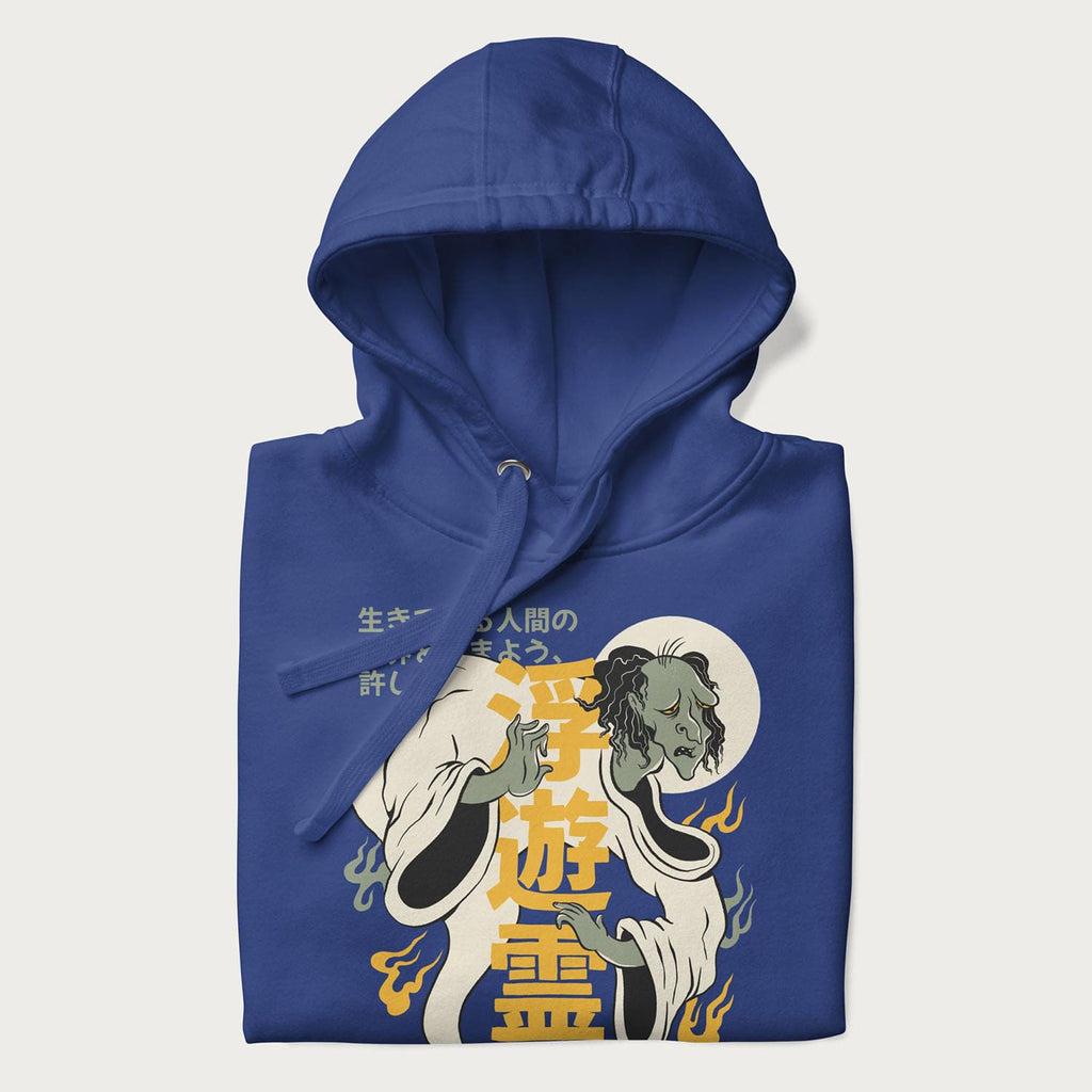 Nearly folded Japanese Hoodie in a royal blue colorway with a graphic of a Yurei and kanji characters.