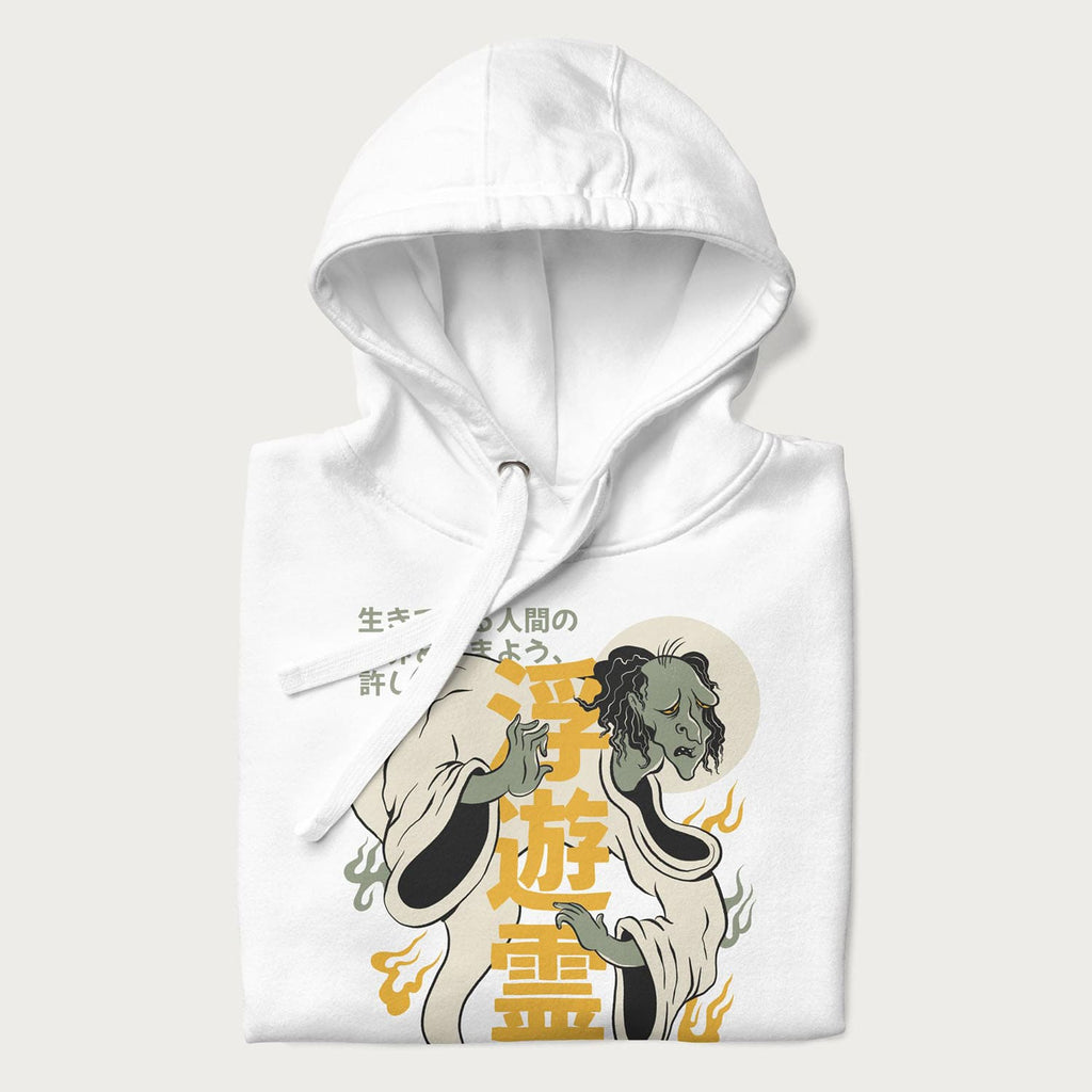Nearly folded Japanese Hoodie in a white colorway with a graphic of a Yurei and kanji characters.