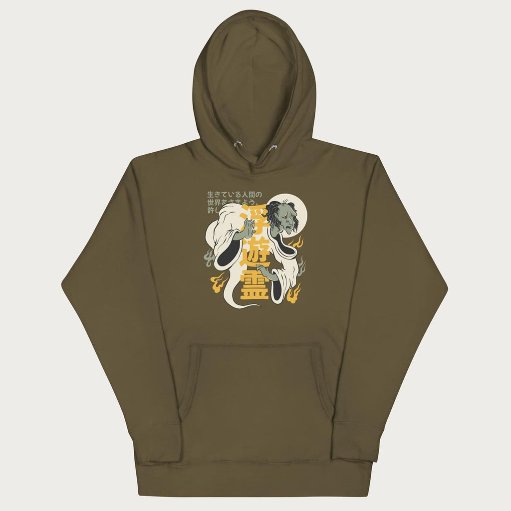 Front of Japanese Hoodie in a military green colorway with a graphic of a Yurei and kanji characters.