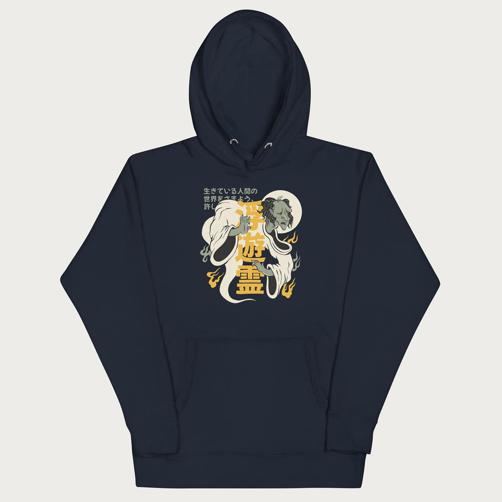 Front of Japanese Hoodie in a navy blazer colorway with a graphic of a Yurei and kanji characters.