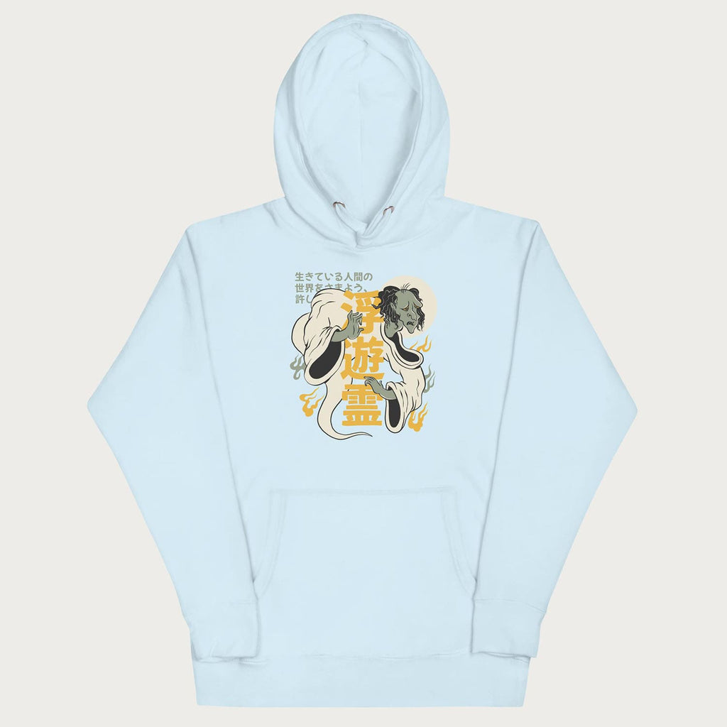 Front of Japanese Hoodie in a sky blue colorway with a graphic of a Yurei and kanji characters.