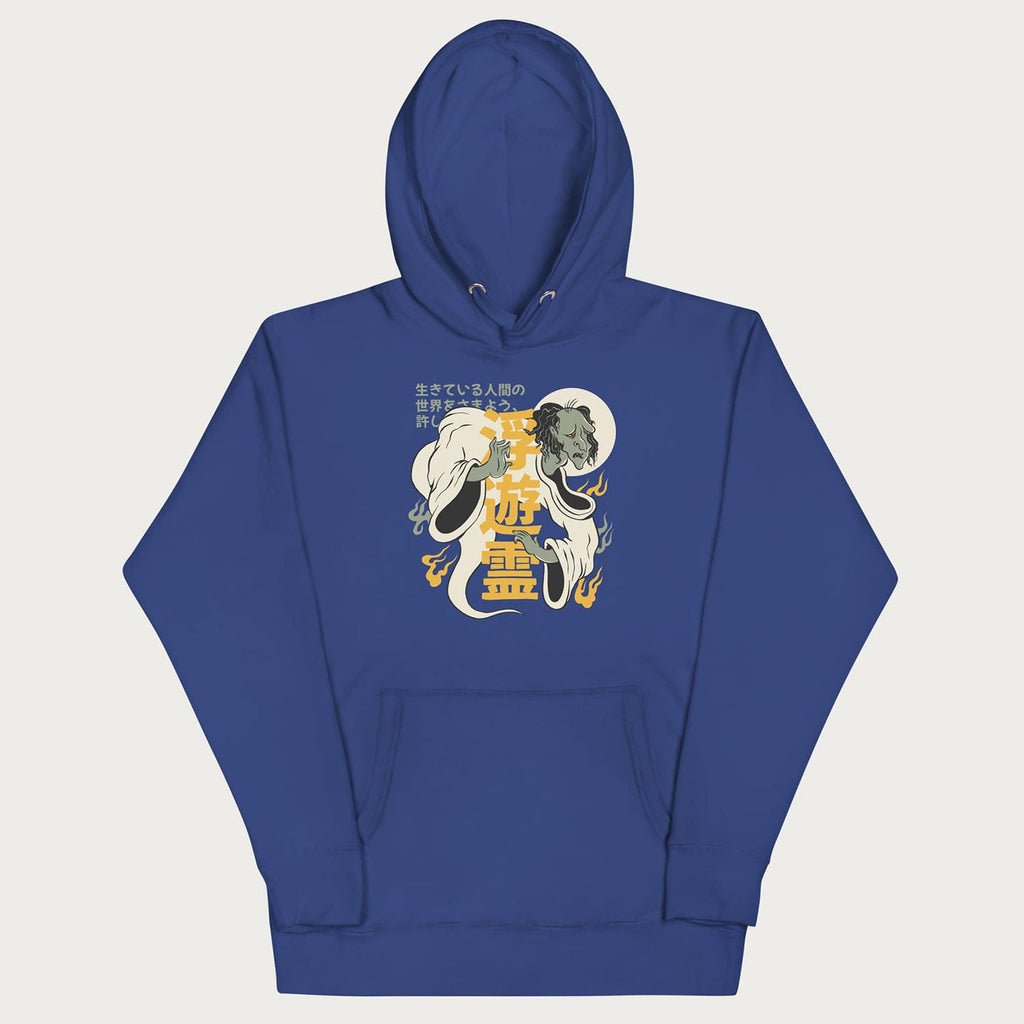 Front of Japanese Hoodie in a royal blue colorway with a graphic of a Yurei and kanji characters.