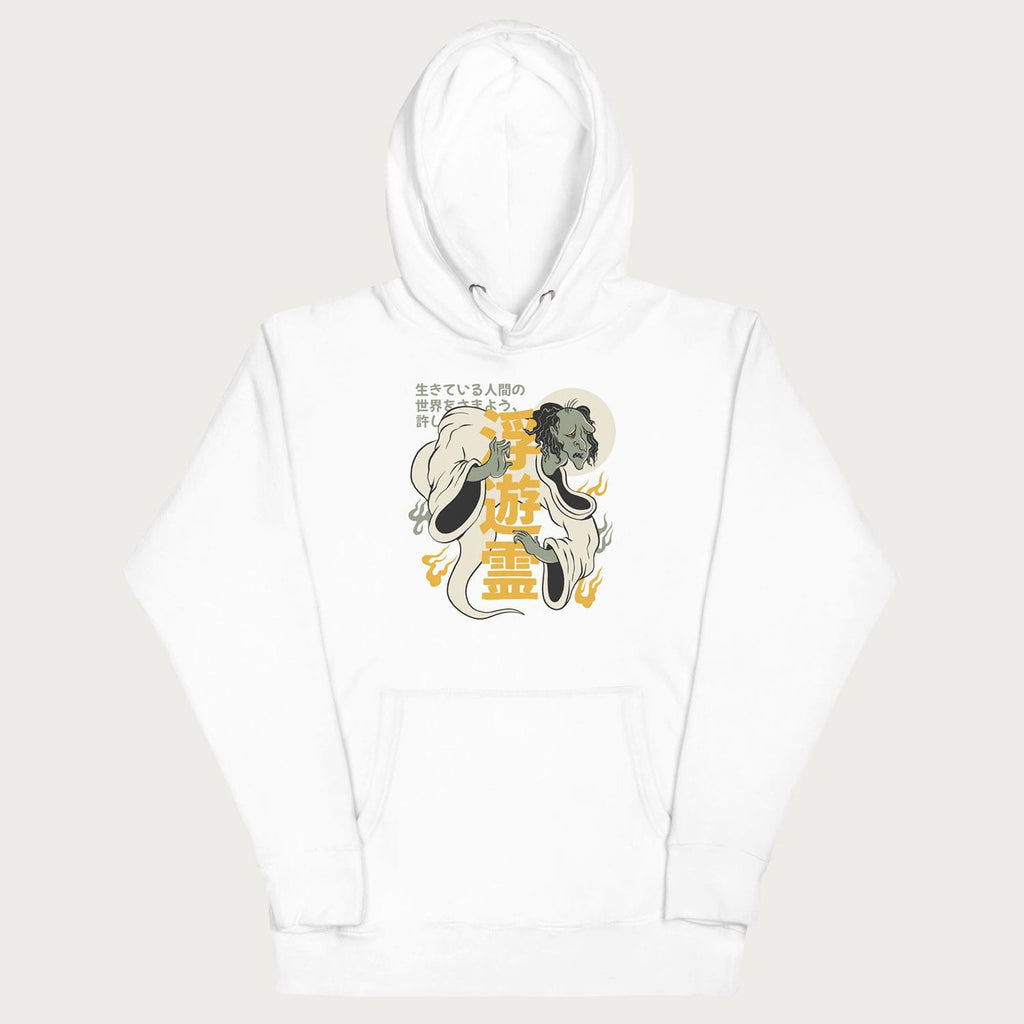 Front of Japanese Hoodie in a white colorway with a graphic of a Yurei and kanji characters.