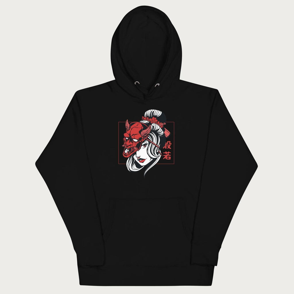 Front of a Japanese hoodie in a black colorway with a graphic of a geisha wearing a hannya mask.