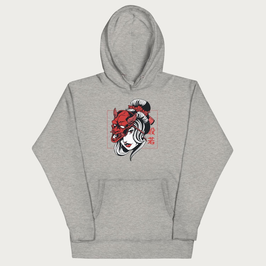 Front of a Japanese hoodie in a carbon grey colorway with a graphic of a geisha wearing a hannya mask.