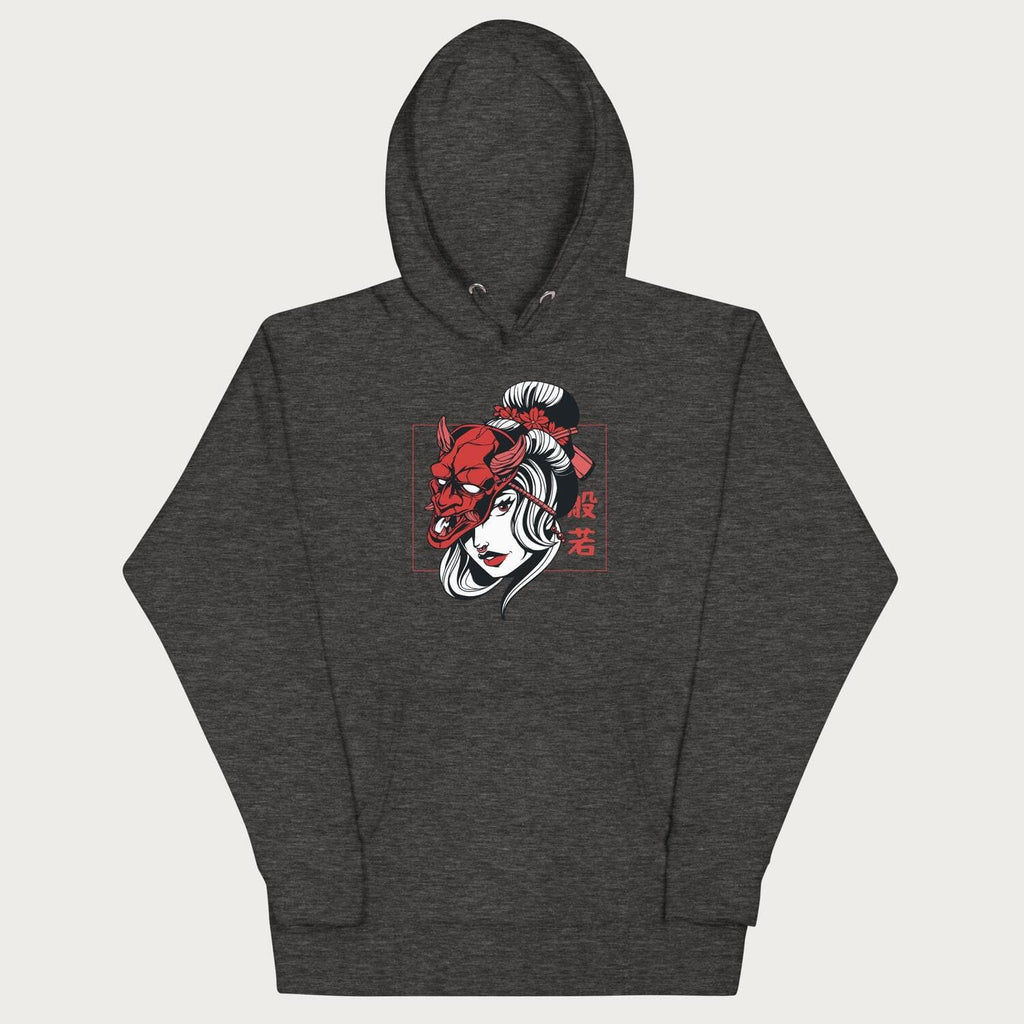 Front of a Japanese hoodie in a charcoal heather colorway with a graphic of a geisha wearing a hannya mask.