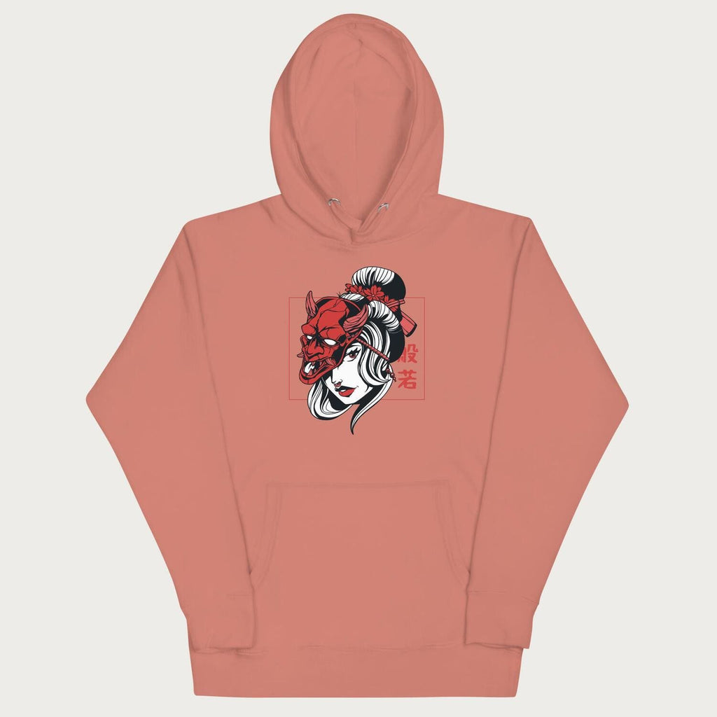 Front of a Japanese hoodie in a dusty rose colorway with a graphic of a geisha wearing a hannya mask.
