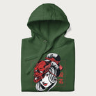 Folded dark green hoodie with a japanese geisha and hannya mask graphic.