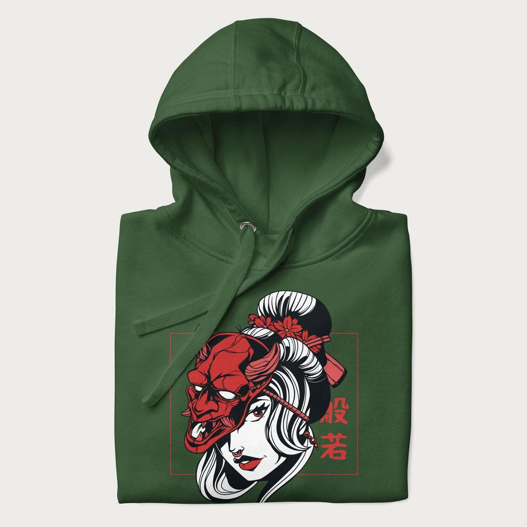Folded dark green hoodie with a japanese geisha and hannya mask graphic.