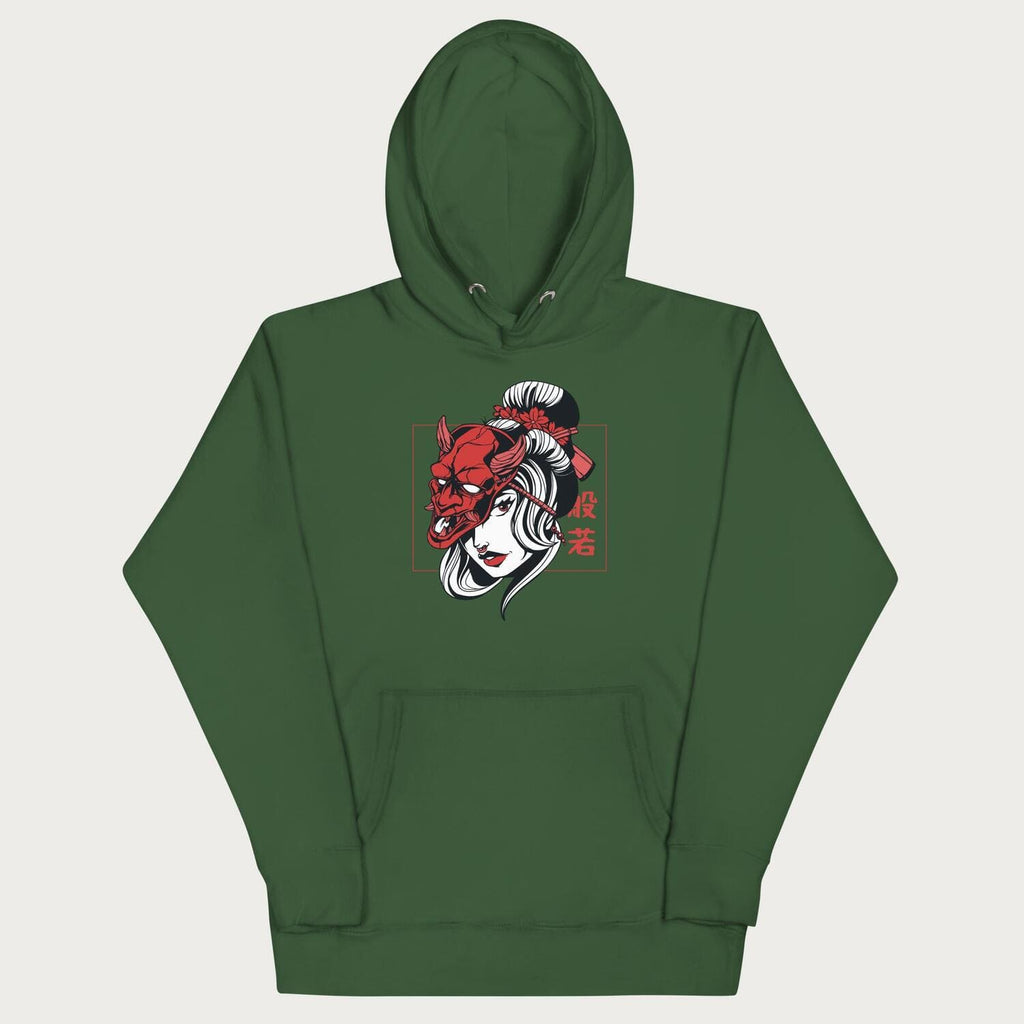 Front of a Japanese hoodie in a forest green colorway with a graphic of a geisha wearing a hannya mask.