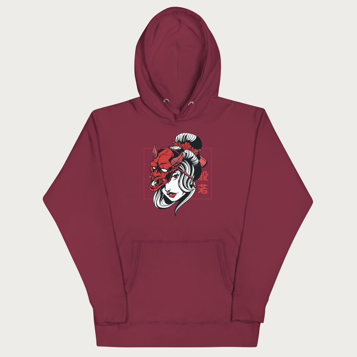 Maroon hoodie with a japanese geisha and hannya mask graphic.