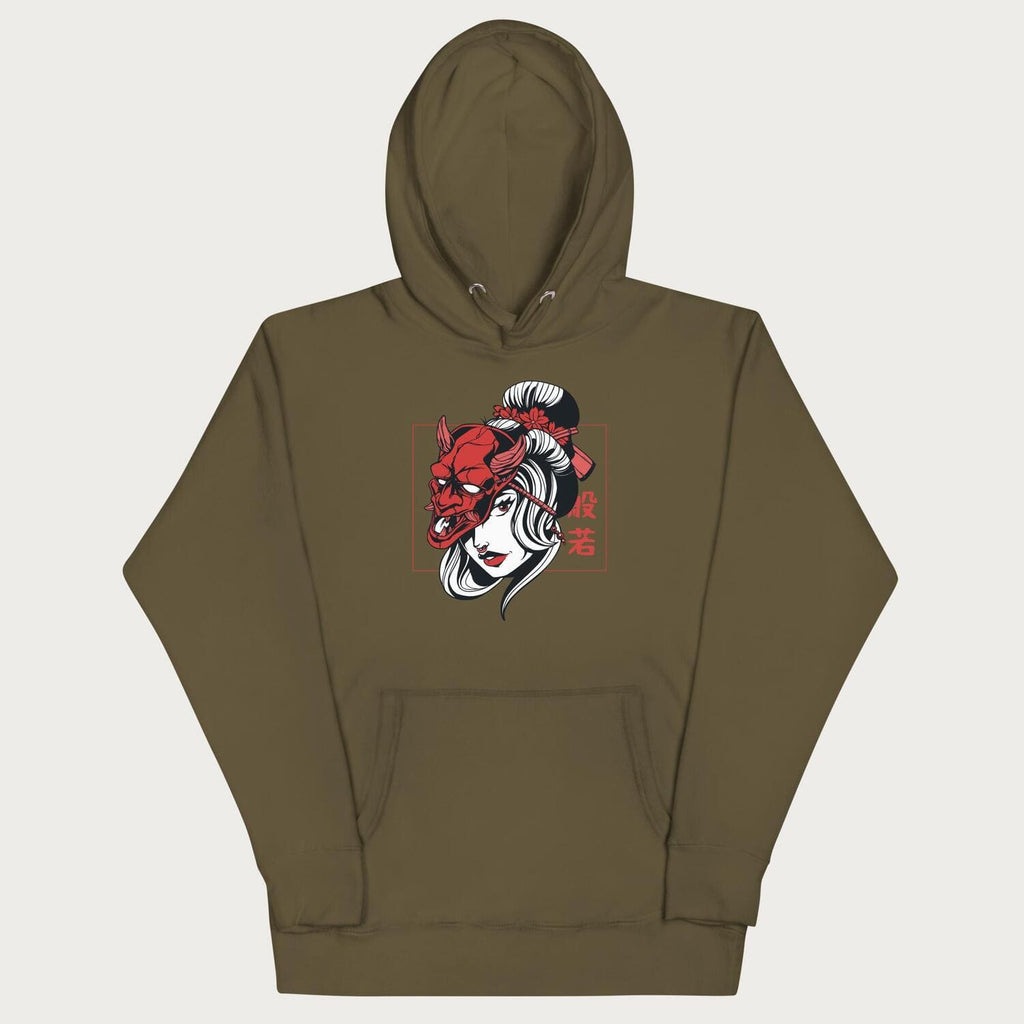 Front of a Japanese hoodie in a military green colorway with a graphic of a geisha wearing a hannya mask.