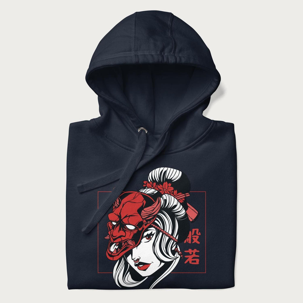 Neatly folded Japanese hoodie in a navy blazer colorway with a graphic of a geisha wearing a hannya mask.