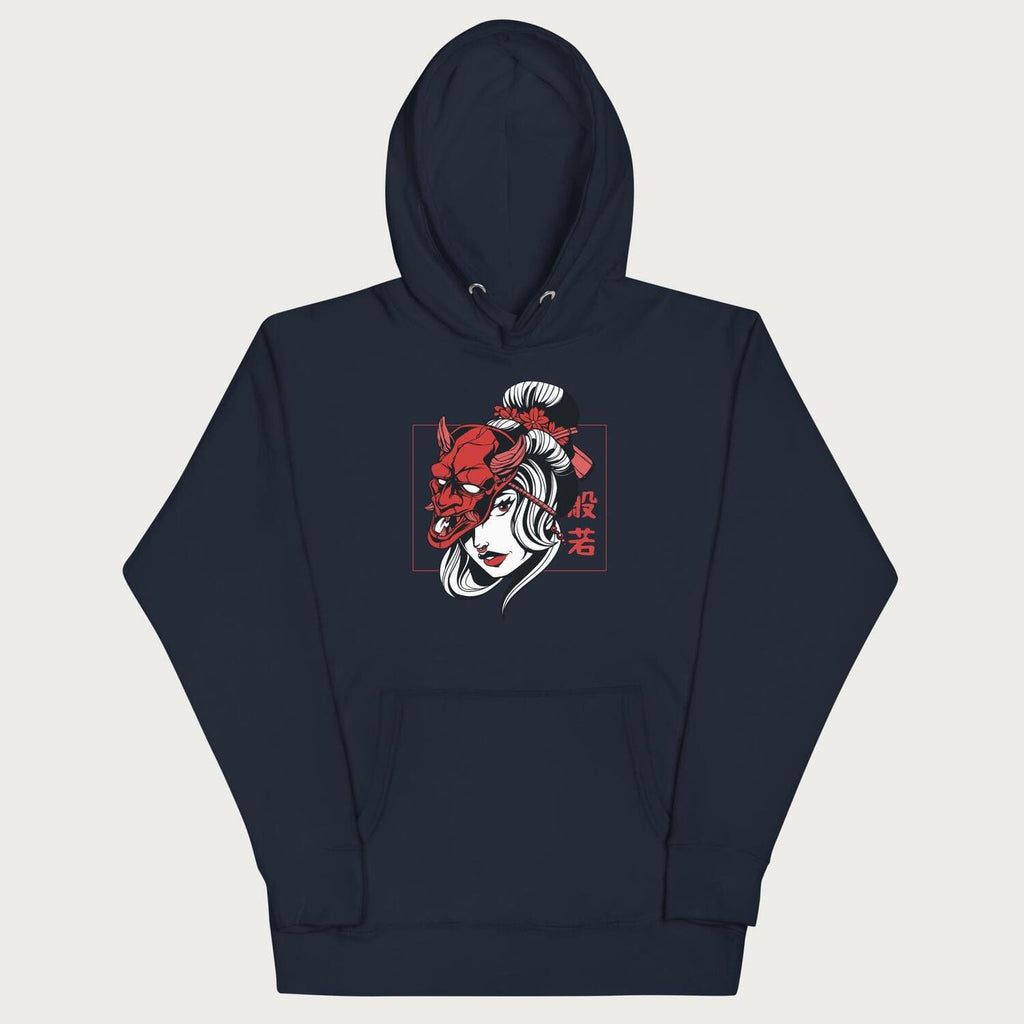Navy hoodie with a japanese geisha and hannya mask graphic.
