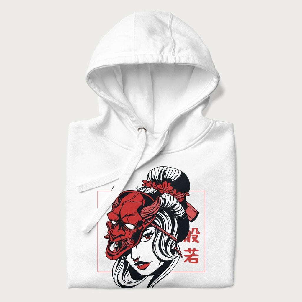 Folded white hoodie with a japanese geisha and hannya mask graphic.