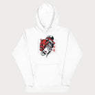White hoodie with a japanese geisha and hannya mask graphic.