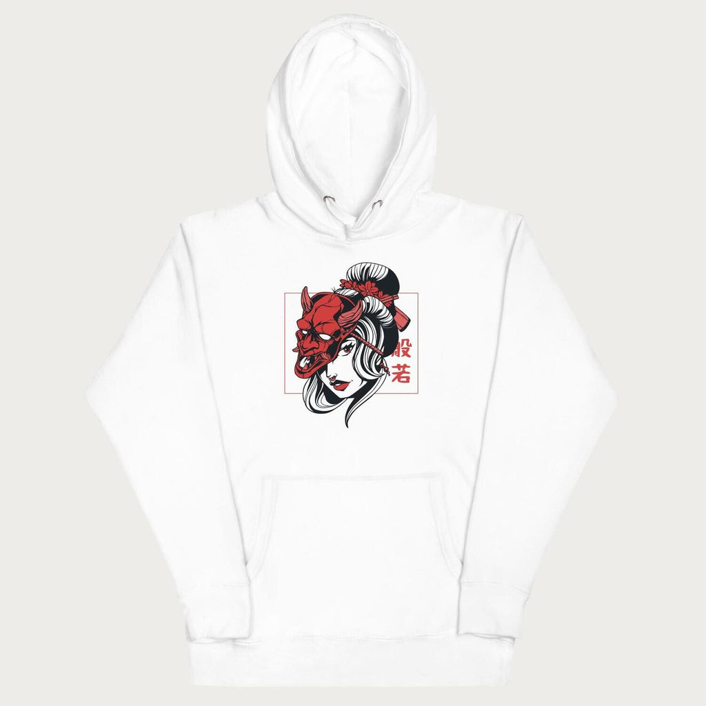 Front of a Japanese hoodie in a white colorway with a graphic of a geisha wearing a hannya mask.