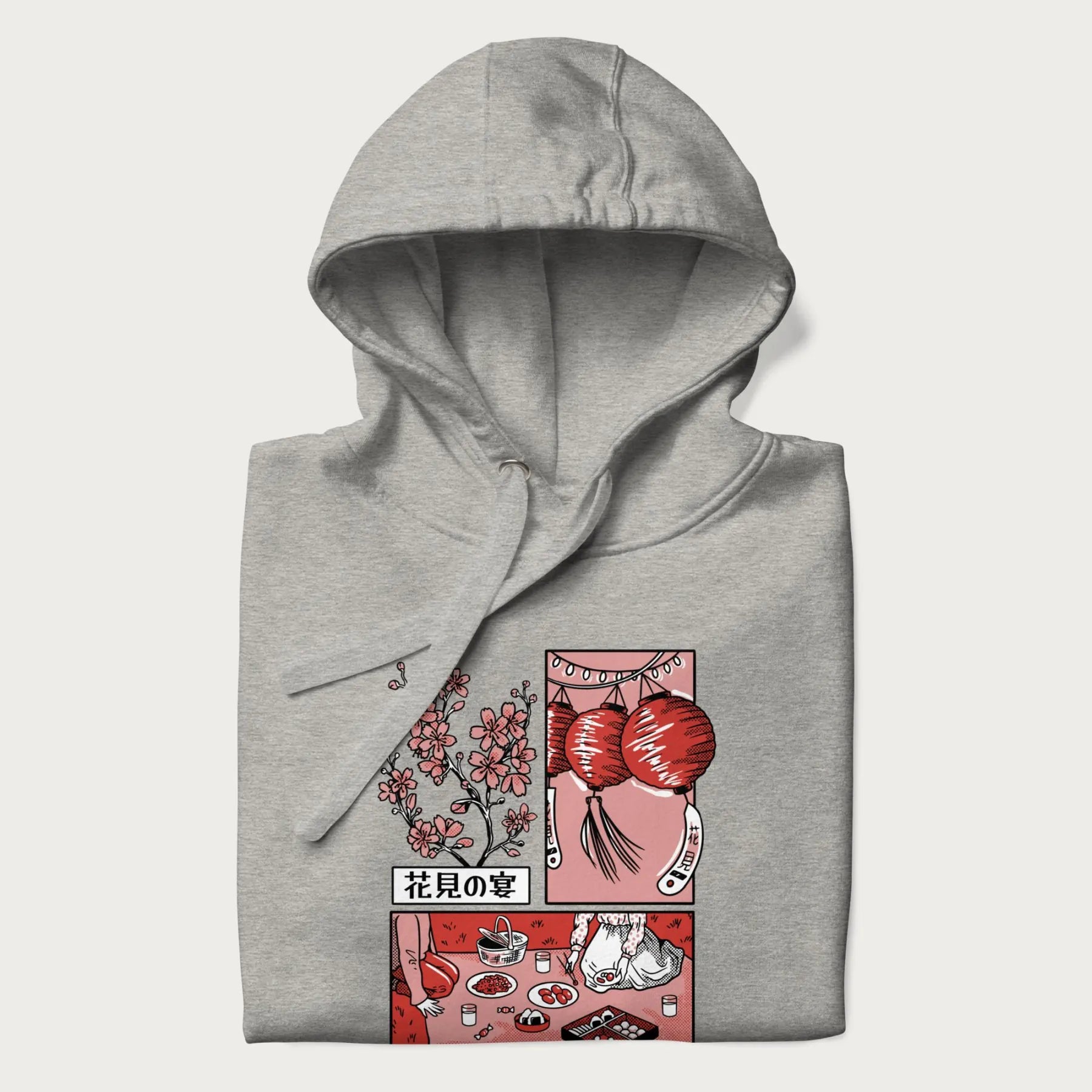 Folded light grey hoodie with a Japanese cherry blossom festival design.