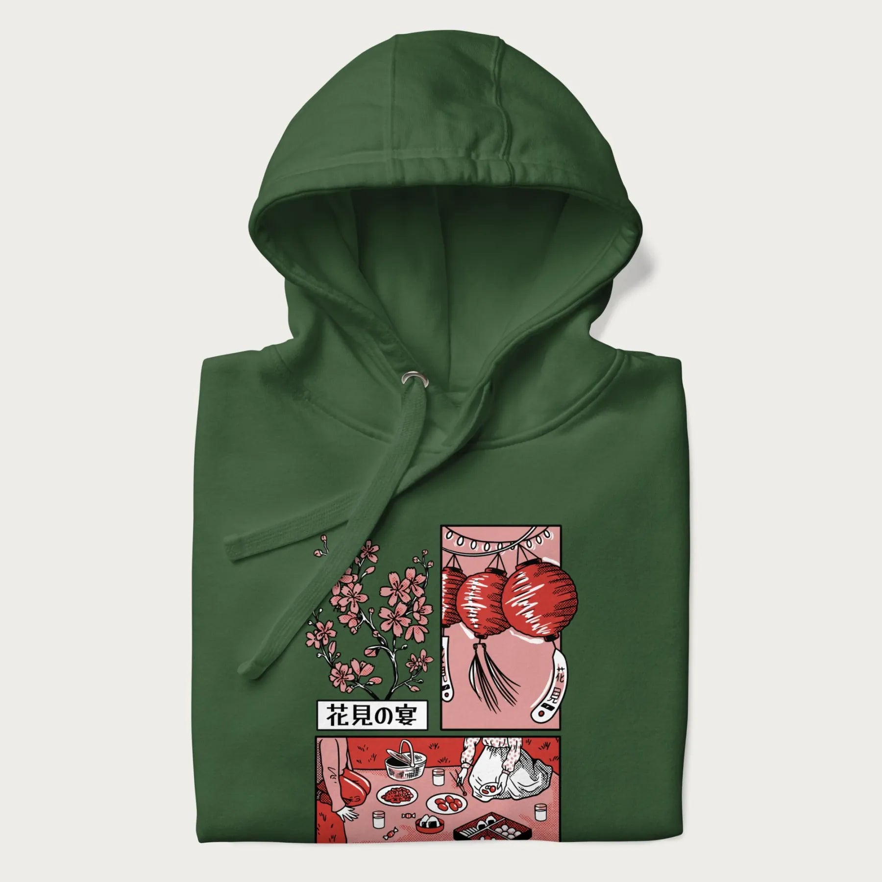 Folded green hoodie with a Japanese cherry blossom festival design.