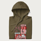 Folded military green hoodie with a Japanese cherry blossom festival design.