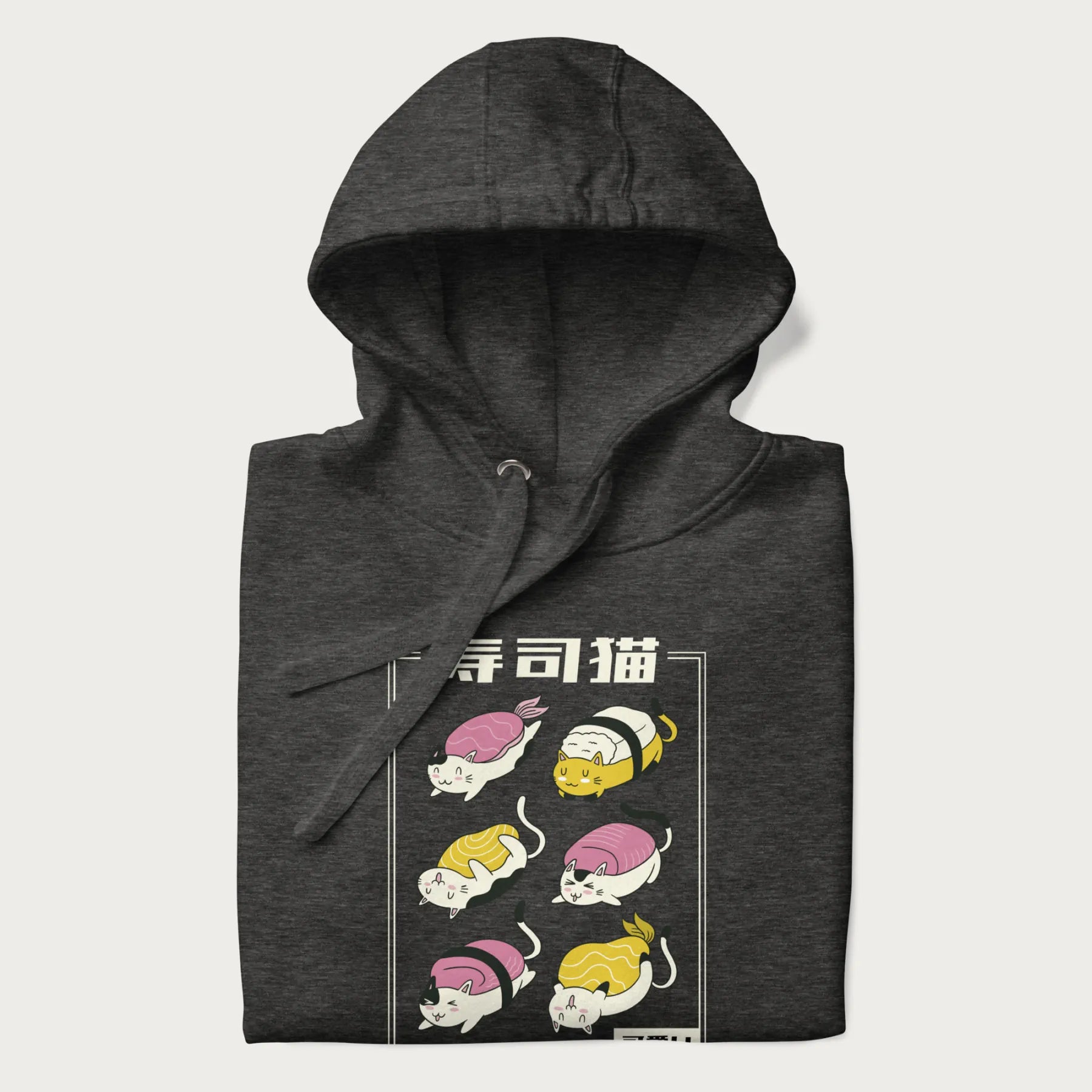 Folded dark grey hoodie with a cute Japanese Sushi Cat design.