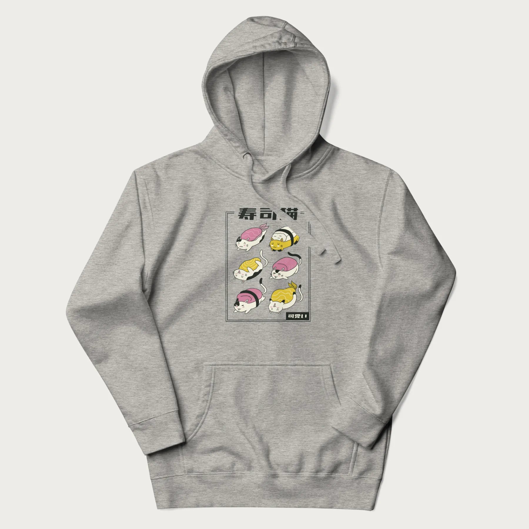 Light grey hoodie with a cute Japanese Sushi Cat design.