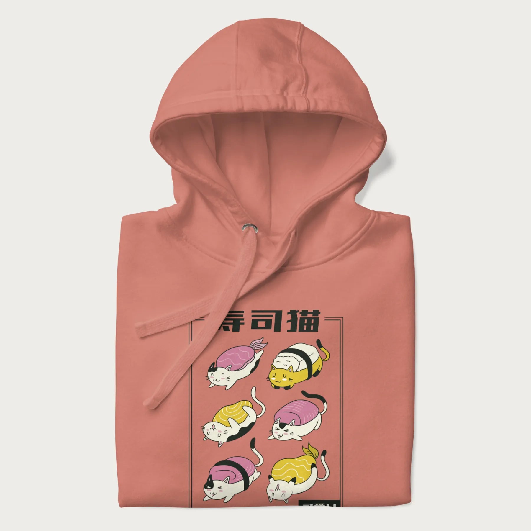 Folded light pink hoodie with a cute Japanese Sushi Cat design.
