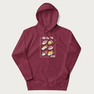 Maroon hoodie with a cute Japanese Sushi Cat design.