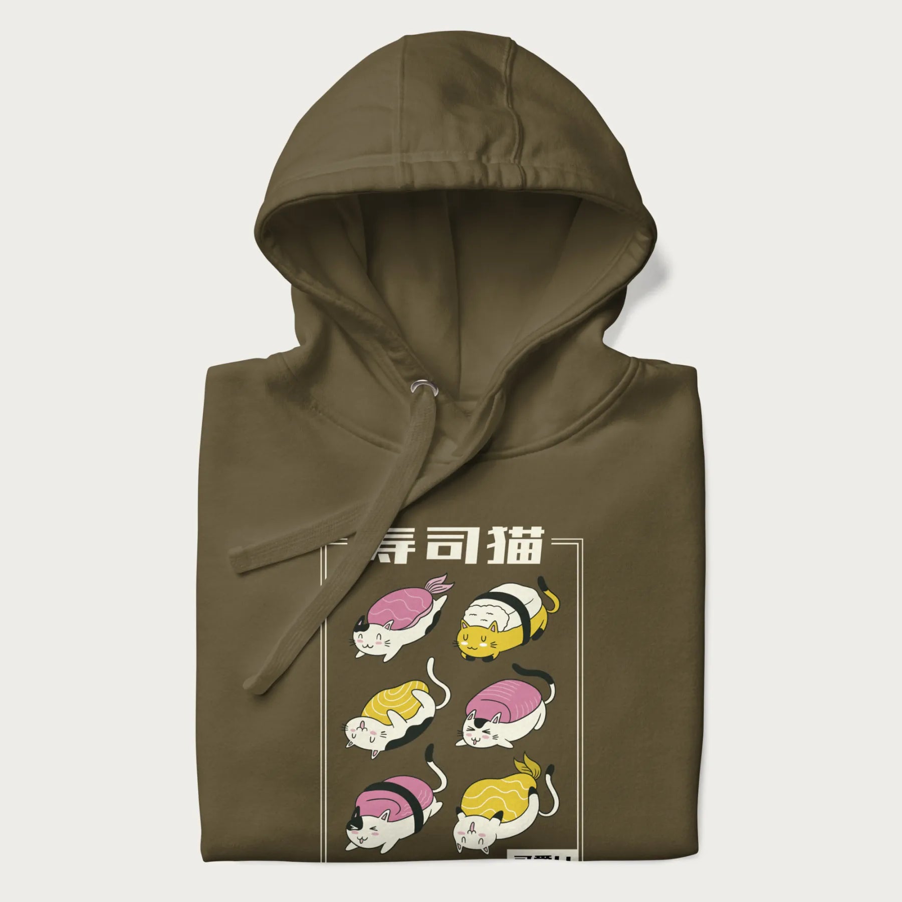 Folded military green hoodie with a cute Japanese Sushi Cat design.