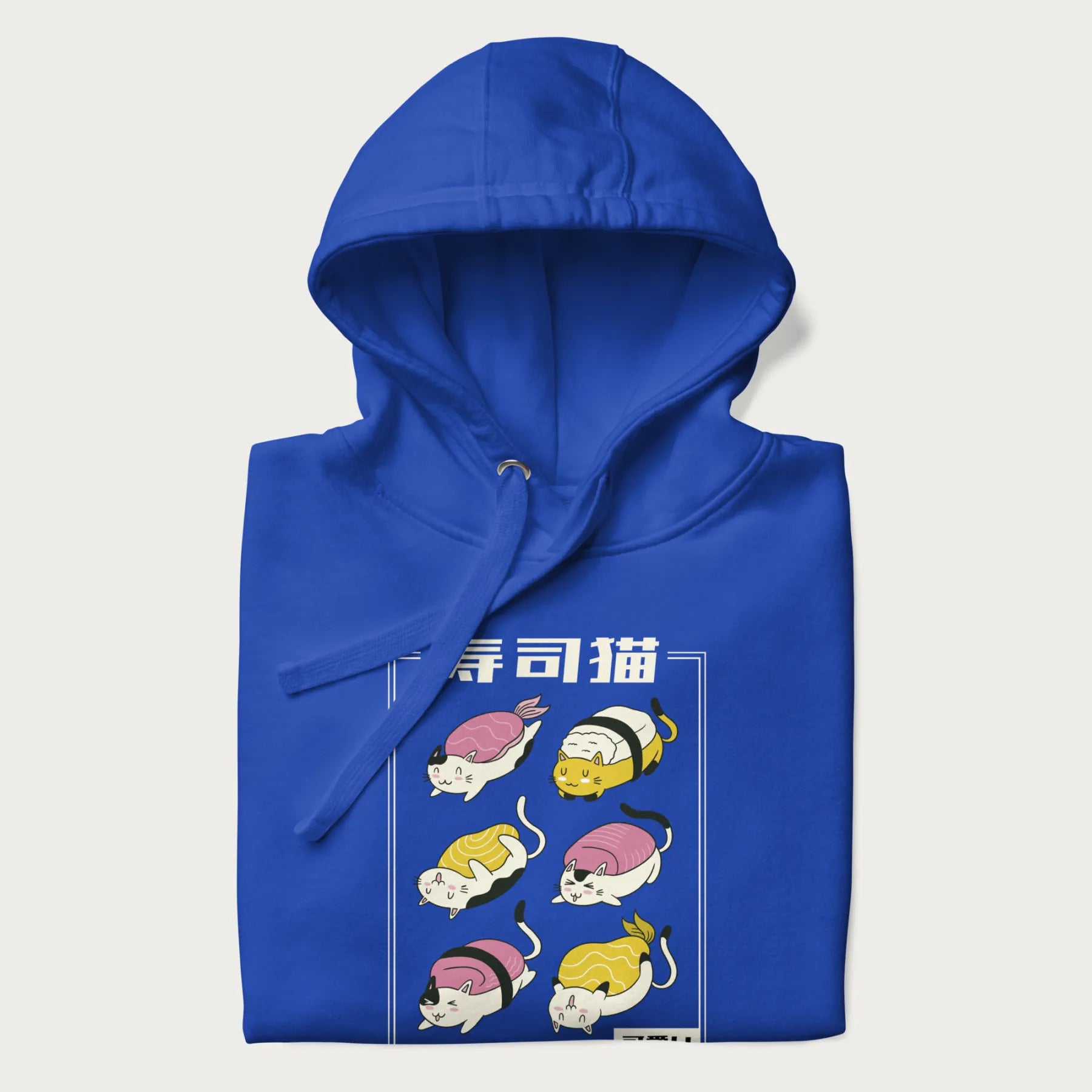 Folded royal blue hoodie with a cute Japanese Sushi Cat design.