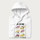 Folded white hoodie with a cute Japanese Sushi Cat design.