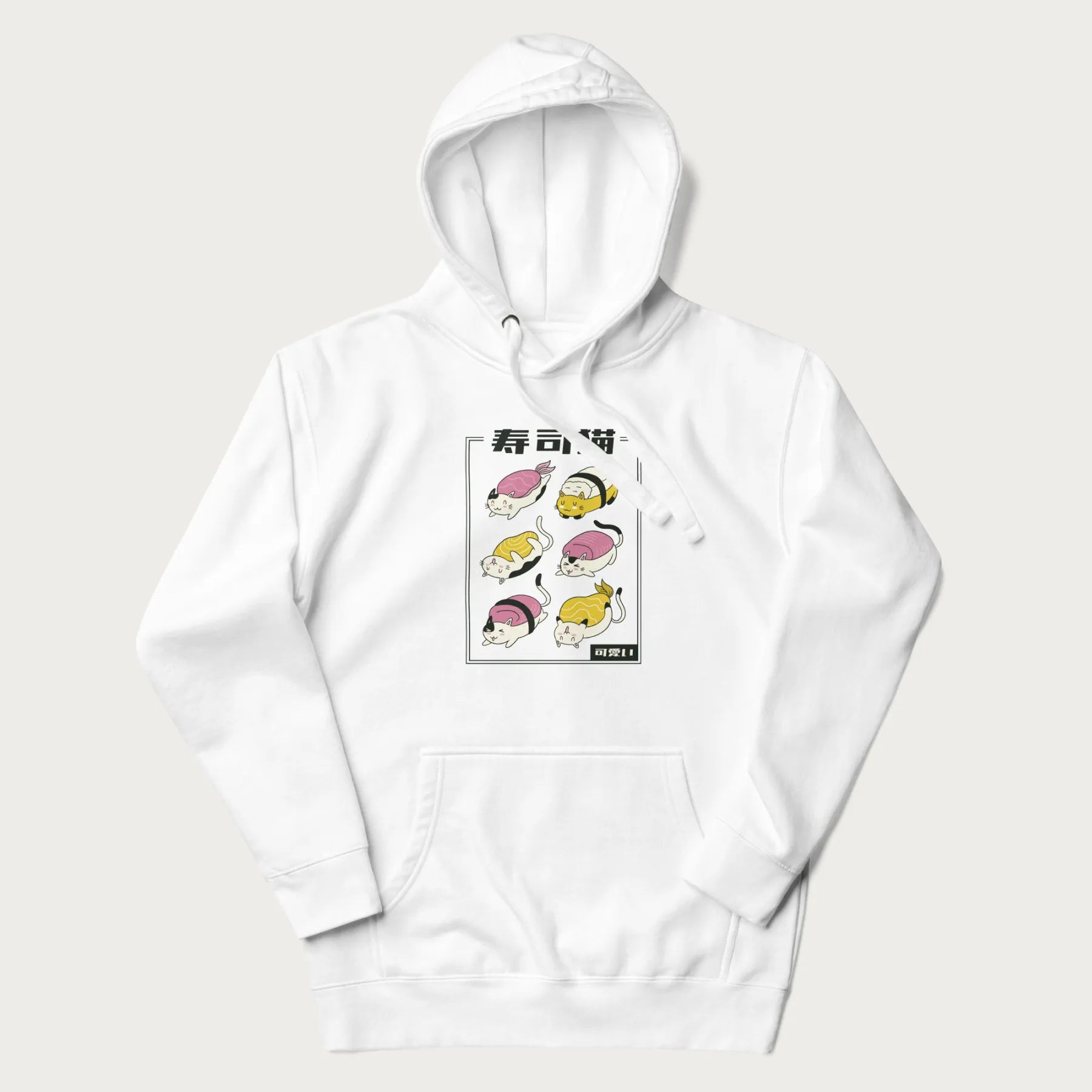 White hoodie with a cute Japanese Sushi Cat design.